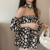 Kukombo  JuneLove Fashion Women Blouse Lady Loose Off Shoulder Floral Printed Tops Casual Short Sleeve Shirt Blouse Summer Set Wear Suits