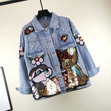 Christmas Gift New Autumn Women Denim Jacket Overcoat Sequins Beading Cartoon Jeans Jacket Vintage Casual Denim Coat Female Outwear Tops P655