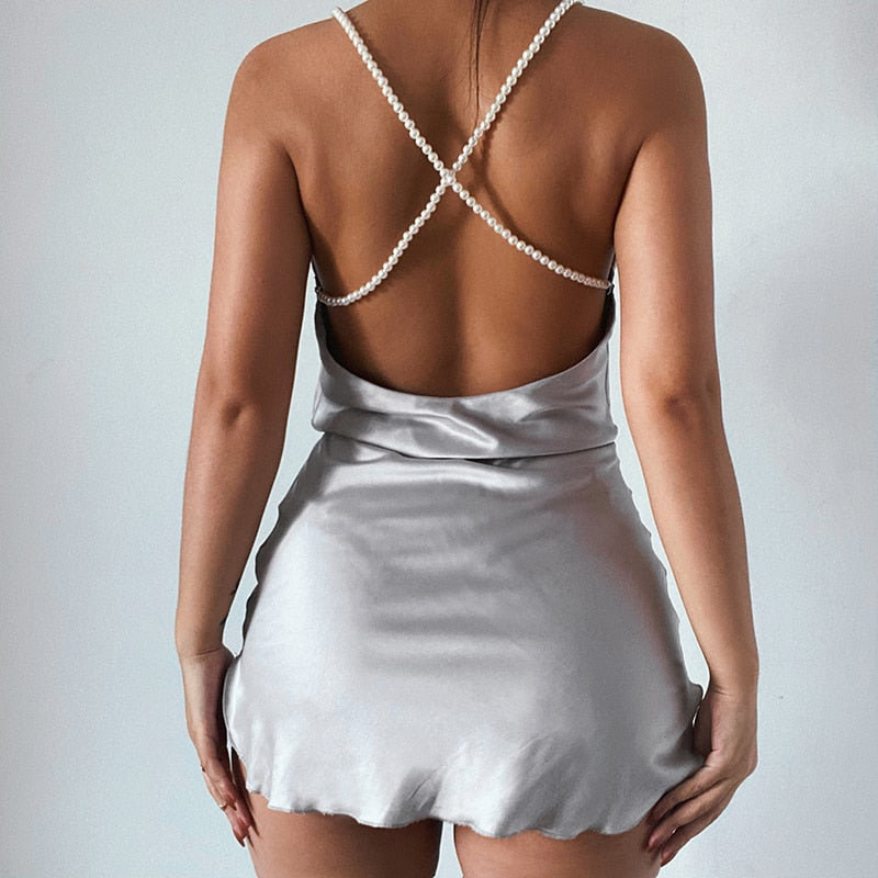 Kukombo Silk Dress Women's Solid Pearl Sling Strapless Backless Split Ultra Short Dresses 2023 Summer Nightclub Club Party