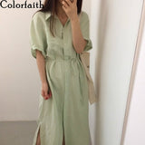 Kukombo New 2022 Women Summer Shirt Dress Single Breasted Oversize Korean Style Vintage Split Lace Up Pure Long Dress DR2628