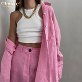 Kukombo 2022 spring Pink Pants Set Women Casual Long Sleeve Blouse Shirt Matching Wide Trousers Suit Elegant Loose Two Piece Pant Set