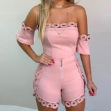 Kukombo Sexy Off Shoulder Hollow Out Lace Detail Two Pieces Set Short Sleeve Tops & Zipper Fly Shorts Casual 2 Piece Outfits