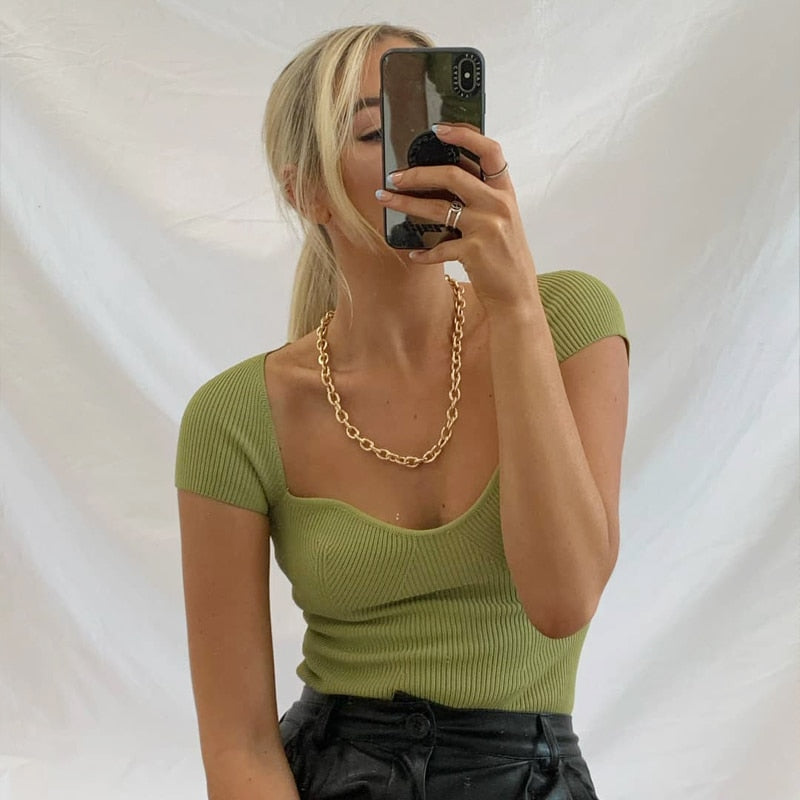 Kukombo Aproms Green Square Neck Ribbed Knitted T-shirt Women Sexy Solid Color High Strench Tshirt Cool Girls Street Style Crop Top 2022