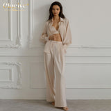 Kukombo Casual Loose Satin Pants Set Women Fashion Long Sleeve Blouses Shirt Two Piece Set Elegant High Waist Trousers Suit