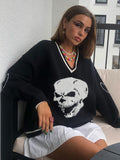Kukombo Halloween Fashion Sweaters Skulls Pullovers V Neck Knitwear Loose Casual Knitted Pull Oversize Women Streetwear Tops 2022 Autumn