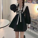 Kukombo Korean Fashion Party Mini Dresses Women Autumn Bow Slim Sweet Kawaii Elegant Dress Bubble Sleeve Harajuku Casual Cute Dress 2022 K131