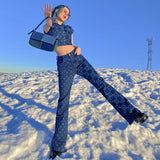 Kukombo plaid checkerboard women 2 piece set short sleeve crop top flare pants bell patchwork streetwear fashion 2022 summer