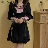 Kukombo Black Princess Elegant Dress Women High Waist Slim Kawaii Gothic Dress Autumn Long Sleeve Bow Designer Party Mini Sweet Dress K95