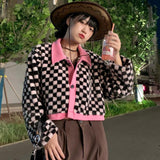 Kukombo Vintage Cardigan Knitted Long Sleeve Cardigan Coat Checkerboard Korean Style Jumpers Cardigan Ladies Spring Autumn