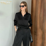 Kukombo Fashion Black Wide Trouser Suits Casual Blouse Office Two Piece Set Women Elegant Satin High Wasit Pants Sets Female