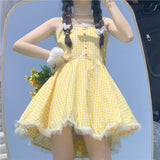 Kukombo  Summer Kawaii Lolita Strap Dress Women Patchwork Lace Japanese Sweet Cute Mini Dresses Yellow Plaid Fairy Tale Casual Dress 2022