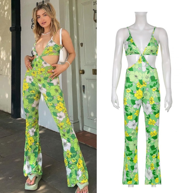 High Street Floral Ribbed Slit Jumpsuit Women Backless Hollow Out Halter Overalls Hipster Criss-Cross Bandage Romper