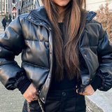 Christmas Gift Winter Thick Warm Short Parkas Women Fashion Black PU Leather Coats Ladies Elegant Zipper Cotton Jackets Female Ouwear