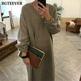 Christmas Gift BGTEEVER Chic Oversize Thick Long Sweater Dress Women V-neck Autumn Winter Straight Sweater Dress Female Casual Loose Knit Dress