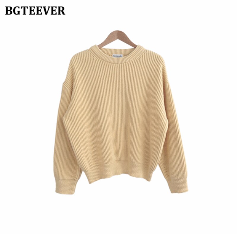 Christmas Gift BGTEEVER Thicken Basic O-neck Women Knitted Sweaters Casual Loose Solid Jumpers Female Long Sleeve Pullover Tops 201 Autumn