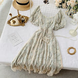 Kukombo  Summer Fairy Dress Women French Style Vintage Retro Chiffon Dress Puff Sleeve Casual Elegant Floral Print Dress Women 2022 New