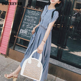 Christmas Gift BGTEEVER Elegant Single-breasted O-neck Women Midi Dress Short Sleeve Belted Slim Waist Female Dress Workwear Vestidos Femme