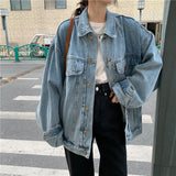 Kukombo Back to school outfit Woman Denim Coat Autumn New Ins Fashion Loose Turn Down Collar Single Breast Pockets Stitching Versatile Female Jacket