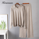 Christmas Gift Hirsionsan Cashmere Turn Down Neck Knitted Sets Women 2021 Winter Casual Two Pieces Sweater and Pants Loose Outfits Tracksuit