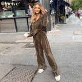 Kukombo Casual Loose Shirts Pants Set Woman 2 Pieces Elegant Brown High Waist Pant Suits Fashion Pleated Home Wide Trouser Suits