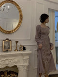 Kukombo  Fairy Vintage Dress Elegant Long Sleeve Square Collar Dress Female Spring Floral Maxi Dress Franch Style Boho Vestidos K75
