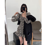 Kukombo Leopard Dresses Women Mini Long Sleeve Slim Dating Ladies Square Collar Autumn French Chic Fashion Student Clothing Vestido Club