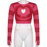 Kukombo Heart Shape Hollow Out Sweaters Sweet Cute Sexy Long Sleeve O-Neck Knitted Pullovers Women Winter Casual Streetwear