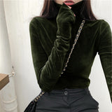 Kukombo Women's Soft Fleece Turtleneck Shirt Solid Long Sleeve Velvet T-Shirt Autumn Fitness Vintage Girls Bottom Tops Women Clothing