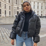 Christmas Gift Winter Thick Warm Short Parkas Women Fashion Black PU Leather Coats Ladies Elegant Zipper Cotton Jackets Female Ouwear