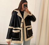 Kukombo Fur Leather Coat Oversized Black Autumn Thick Warm Casual Loose Long Sleeve Plus Size Fuax Fur Winter Jacket