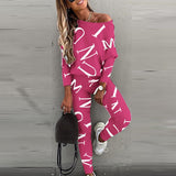 Kukombo  2022 Spring Autumn Casual Outfit Letters Print Long Sleeve Top Spring Women Blouse Pants Tracksuit For Sports 2 Pieces Sets