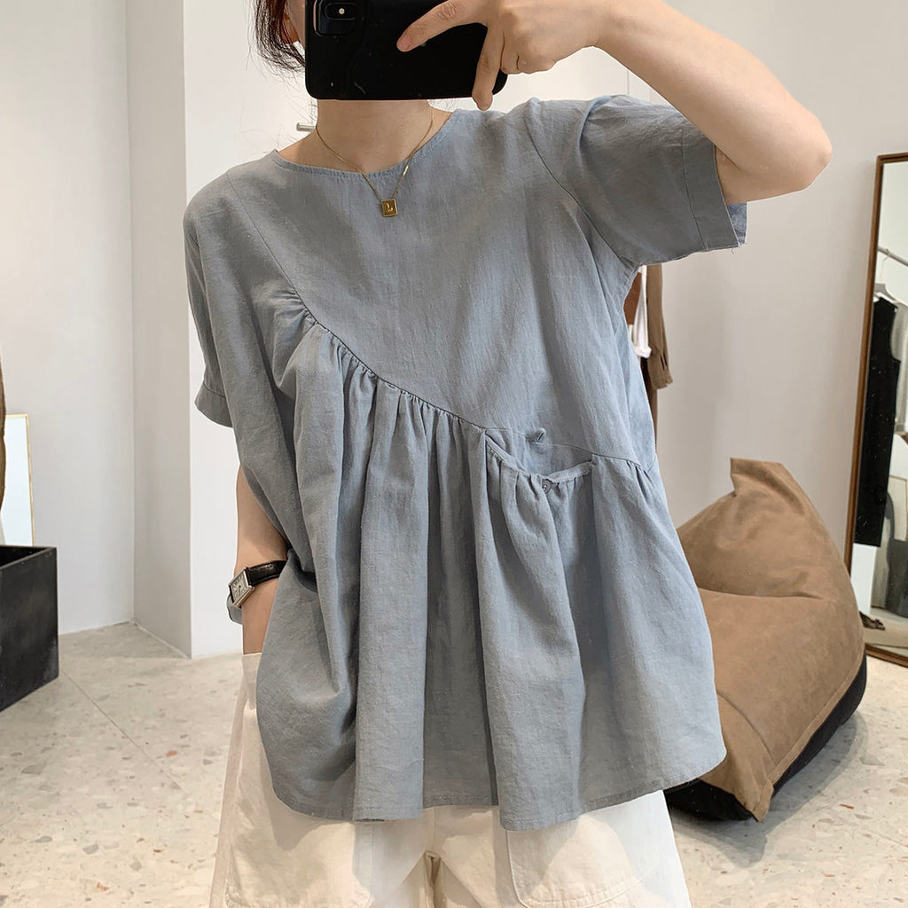 Christmas Gift Shirts Women O-neck Short Sleeve Pockets Asymmetrical Loose Solid Simple All-match Korean Style Daily Ladies A-line Female Tops