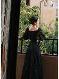Kukombo Summer Rose Jacquard Rhinestone Square Neck Fashion Dress Black High Waist Hollow Sexy High Quality Dresses For Party Vestidos