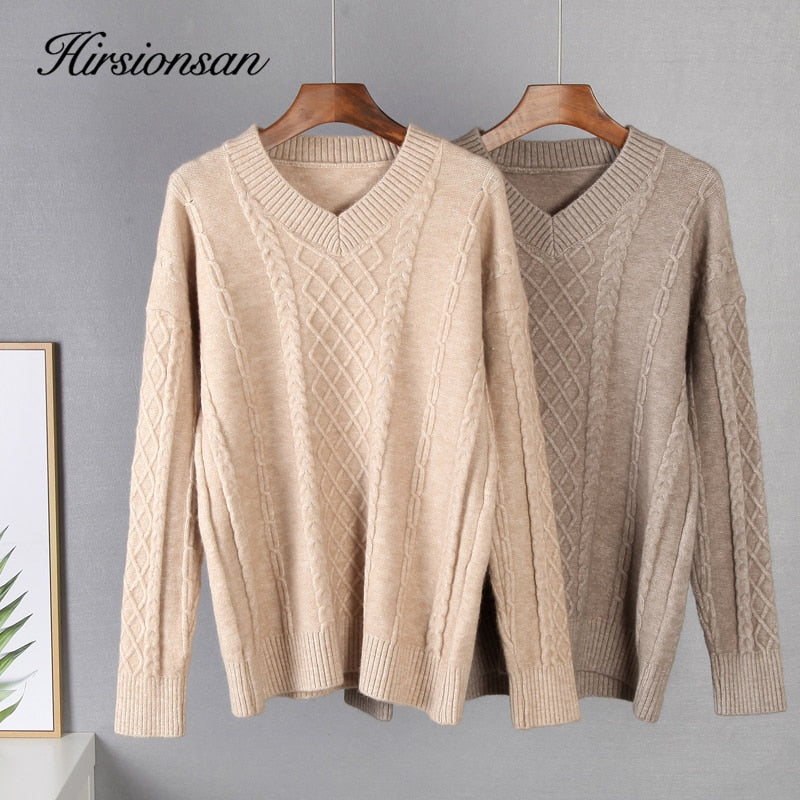 Christmas Gift Hirsionsan V Neck Thicken Cashmere Knitted Sets Women 2021 Winter Warm Casual Two Pieces Plait Sweater and Pants Loose Tracksuit