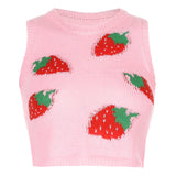 Kukombo Pink Sweat Cute Sleeveless Sweater Vest Women Casual Autumn Strawberry Tank Knitted Crop Top Fashion Streetwear