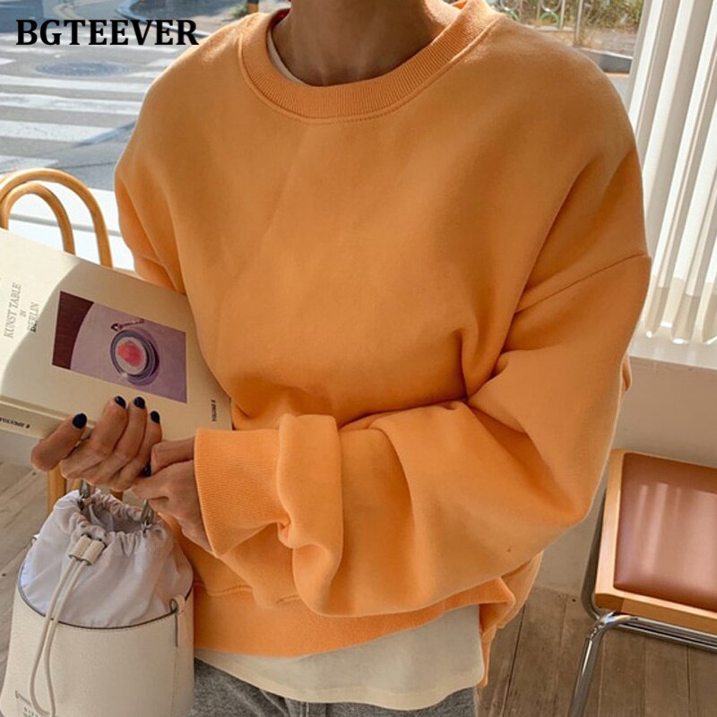Christmas Gift BGTEEVER Autumn Winter Thicken Loose Women Sweatshirts 2021 Casual O-neck Long Sleeve Split Solid Female Pullovers Tracksuit