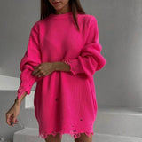 Kukombo Autumn Winter Women Knitted Sweater Long Sleeve Sexy Hole Asymmetric Hem Loose Pullover Elegant Street Casual Sweaters Dresses