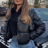 Christmas Gift Streetwear Turtleneck Quilted Black PU Leather Jacket Autumn Winter Parkas Coat Thick Puffer Bubble Crop Overcoat New