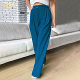 Kukombo Autumn Green Casual Womens Trouser Suits Fashion Loose Pleated Office Ladies Pants Vintage High Waist Pants For Women