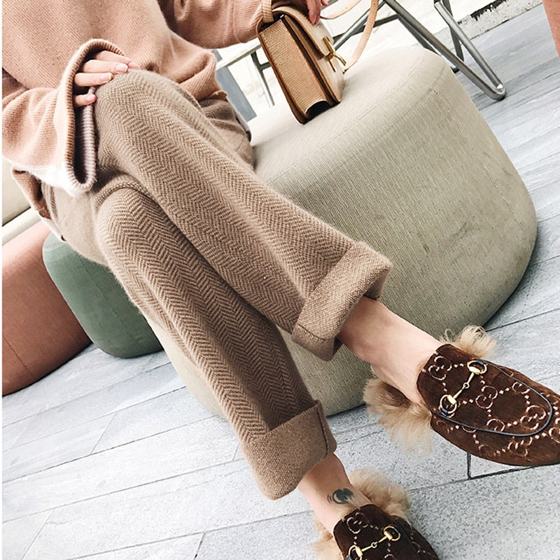 Christmas Gift 2022 new wool pants women's autumn and winter straight pants wool cashmere pants wide leg pants high waist suspender casual pant