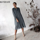 Christmas Gift BGTEEVER Chic Bow Neck Plaid Dress Women 2021 Spring Flare Sleeve Lace-up Pleated Mid-calf Dress Female Chiffon Vestidos femme