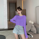 Kukombo Long Sleeve T-Shirts Women Spring Solid Loose Crop Top Sexy New Trendy Leisure Girls T-Shirt Korean Stylish Teens All-Match Chic
