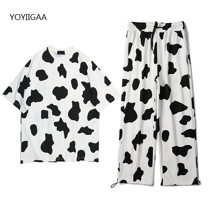 Christmas Gift Cow Printed Summer Women's 2 Piece Set Sportswear Suits Casual Short Sleeve Ladies Girls Two Piece Sets Fashion Sport Pant Suits