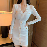 Christmas Gift Women Autumn Long Sleeve Elegant A-Line Mini Dress V Neck Slim Waist Bodycon Knit Vestidos Femme Fashion Outerwear Sexy Clothing