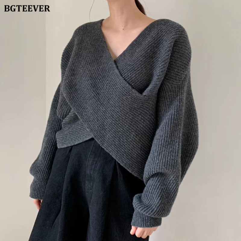 Christmas Gift BGTEEVER Fashion V-neck Cross Women's Sweater Jumpers Streetwear Loose Knitwear Autumn Winter Solid Female Knitted Pullovers