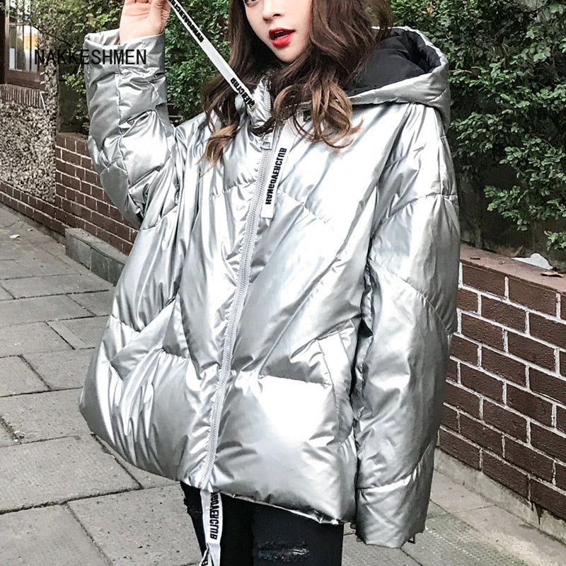 Christmas Gift Winter Fashion Glossy Bright Down Parka Women's Hooded Coat Female Zip Jacket Large Size Loose Warm Thick Parka Women Jacket
