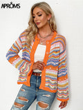 Christmas Gift Aproms Elegant Rainbow Colored Long Sleeve Knit Cardigan Women Autumn Hollow Out Oversized Sweater Female Fashion Outerwear 2021