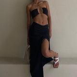 Kukombo Party Night Club Wear Women Set Summer Fashion Sexy Sleeveless Halter Crop Top Slim Long Drawstring Skirt With Slit