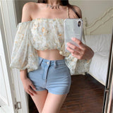 Kukombo Sexy Floral Blouse Tops Women French Vintage Designer Sweet Slim Strap Blouse Casual Puff Sleeve Outdoor Blouse Summer