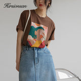Christmas Gift Hirsionsan Aesthetic Printed T Shirts Women 2021 New Soft Vintage Loose Tees Abstract Graphic Cotton Tshirts Summer Casual Tops